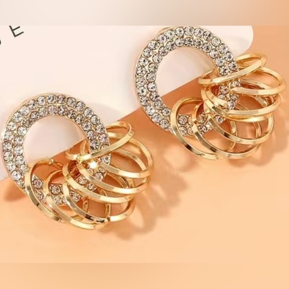 Luxury Jewelry - Gold Dangle Earrings With Shiny Rhinestone Gold Plated Statement Hoops Earrings